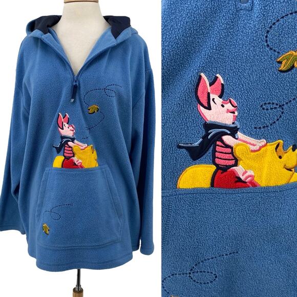 Vintage 90s Disney Pooh & Piglet Fleece Hoodie Pullover Blue Plus Womens 22W/24W - Picture 1 of 12